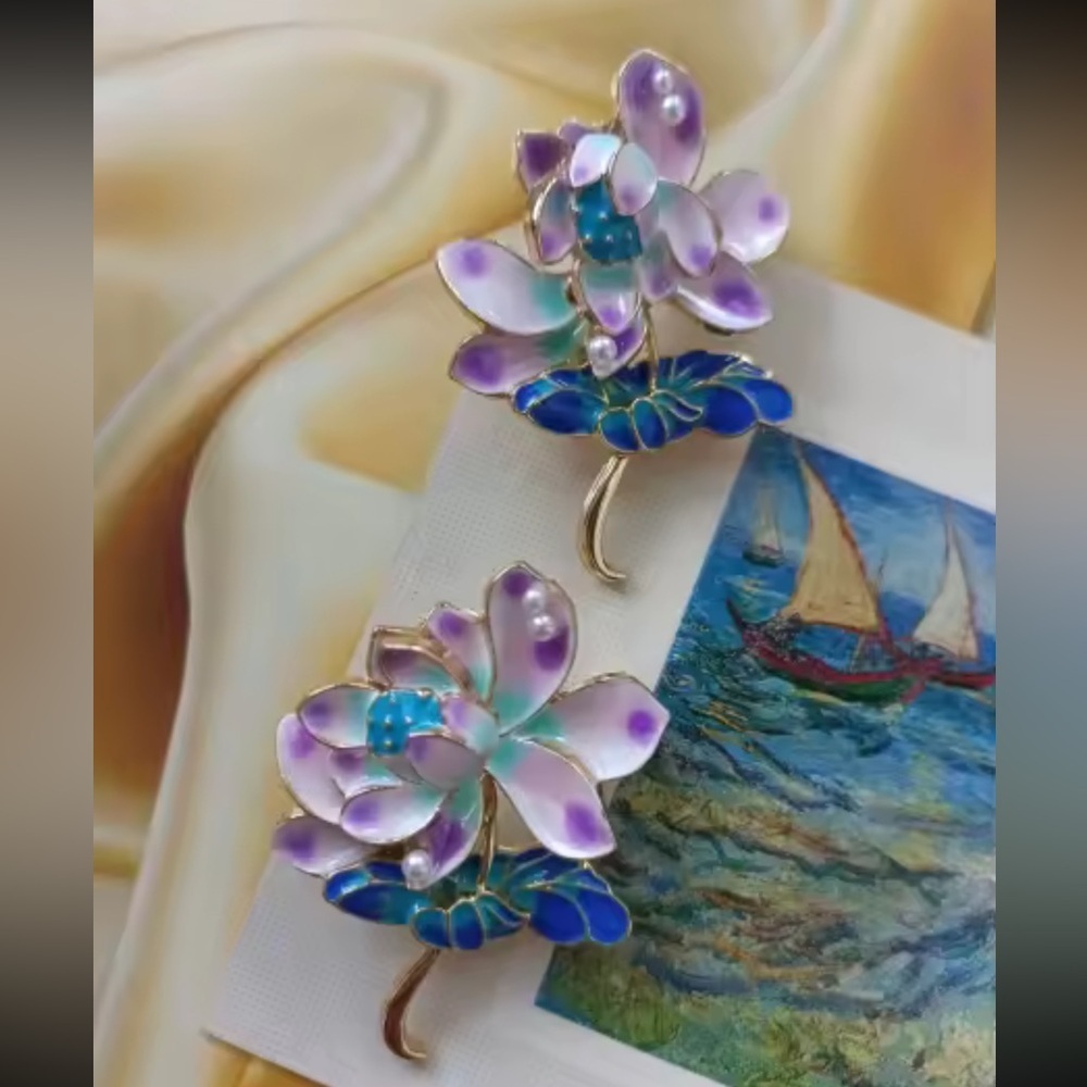 Purple Lotus Brooch Elegant Enamel Flower Pin View 2